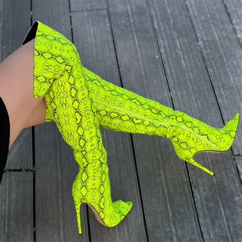 Neon Yellow Pink Python Over The Knee Boots Thin High Heels Peep Toe