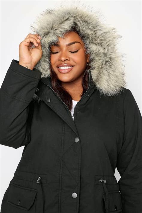 Yours Curve Plus Size Black Faux Fur Hood Parka Coat Yours Clothing