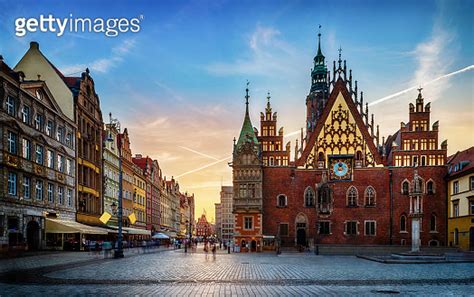 Wroclaw Central Market Square With Old Houses And Sunset Panoramic