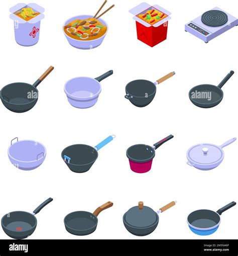 Wok Frying Pan Icons Set Isometric Set Of Wok Frying Pan Vector Icons