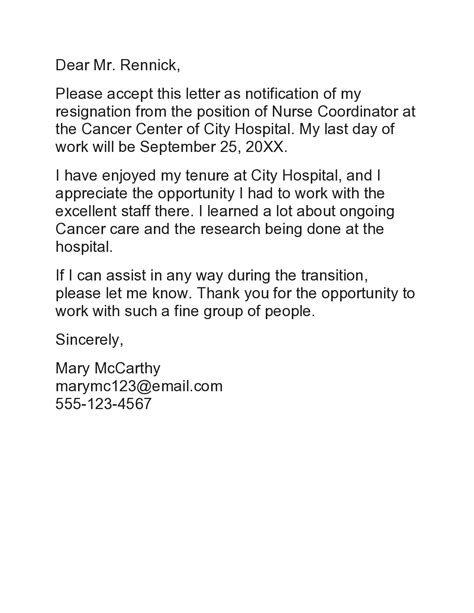 Letter Of Resignation Nursing Sample