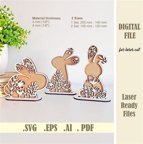 Floral Bunnies With Slotted Stands Svg File Standing Rabbits Laser Cut