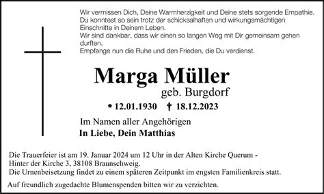 Traueranzeigen von Marga Müller trauer38 de