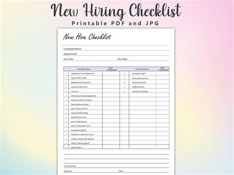 Printable New Hiring Checklist New Hire Checklist Template Etsy