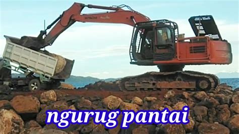 Bongkar Muatan Batu Di Pantai Dump Truck Excavator Youtube