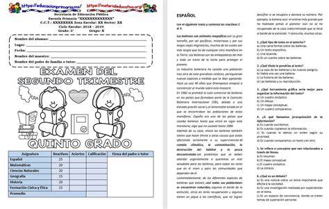 Examen Del Quinto Grado Para El Segundo Trimestre Ciclo Escolar