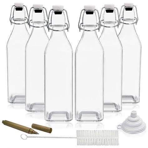 Nevlers 17 Oz Square Glass Bottles With Swing Top Stoppers Bottle Brush Funnel And Glass