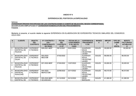 Anexo N Obras Anexo N Experiencia Del Postor En La