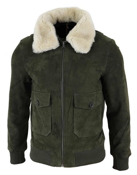 Mens Real Suede Varsity Bomber Jacket With Removable Collar Olive