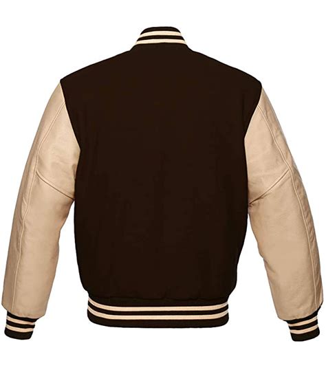 Men's Brown Varsity Jacket with Cream Leather Sleeves - Jackets Creator