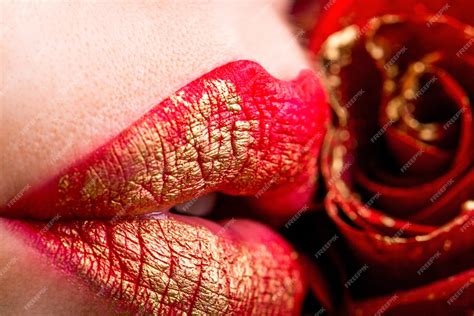 Premium Photo Close Up Of Female Lips With Red Rose Closeup Sexy