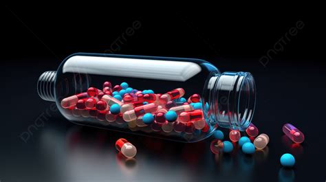 Pill Bottle With Colorful Pills Spilling Out Of It Background 3d Bottle Of Pills And Syringe