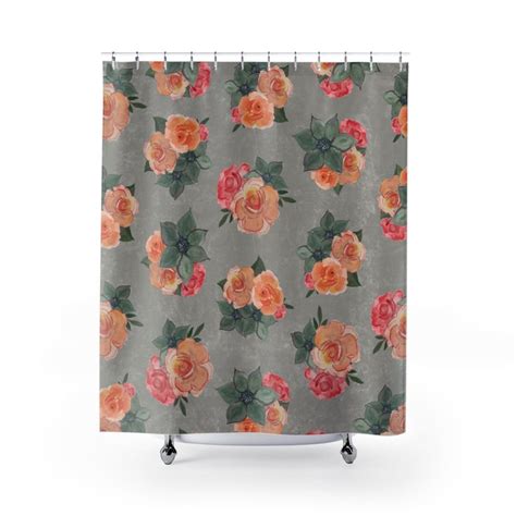 Green Peach Pink Floral Bouquet Shower Curtain Gray Bohemian Etsy