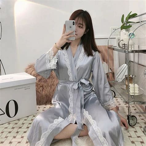 Kukuzhu New Autumn Long Sleeve Silk Satin Sexy Lace Kimono Robes For