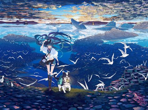 Wallpaper Hatsune Miku Anime Girl Dog Seagull Sea Whale 3840x2160