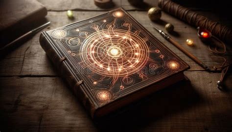 Close Up Shot Of A Glowing Ancient Spell Book On A Rustic Wood Table