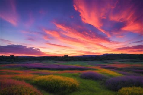 Premium Photo A Purple Sunset Over A Field Of Lavender