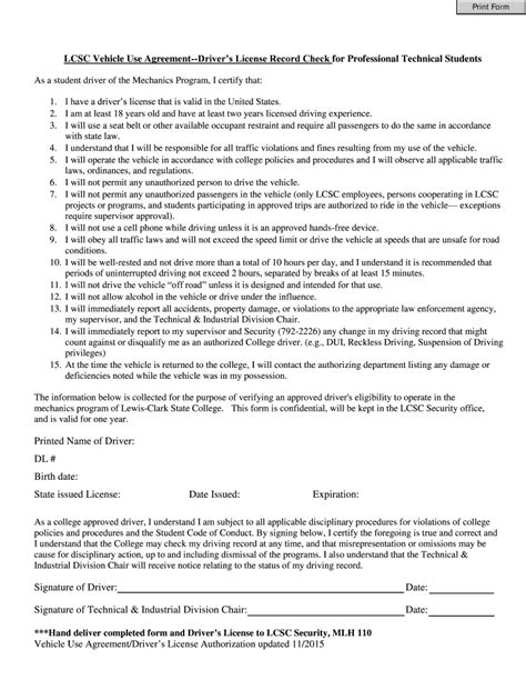 Fillable Online Lcsc Student Vehicle Use Lewis Clark State College