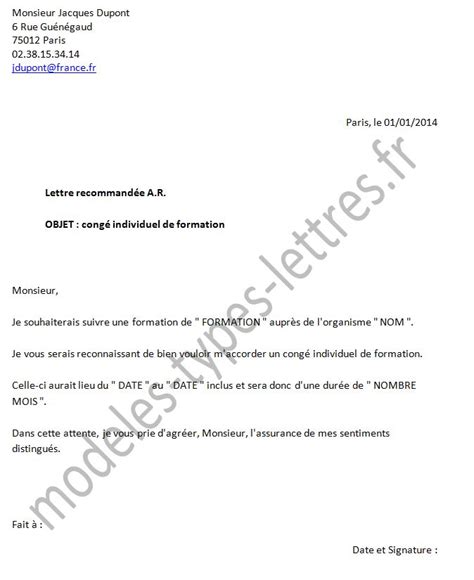 Mod Le De Lettre Demande De Cong Pour Formation