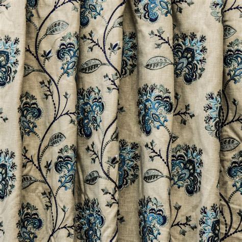 Blue Flowers Embroidered Fabric By The Yard Cotton Linen Etsy