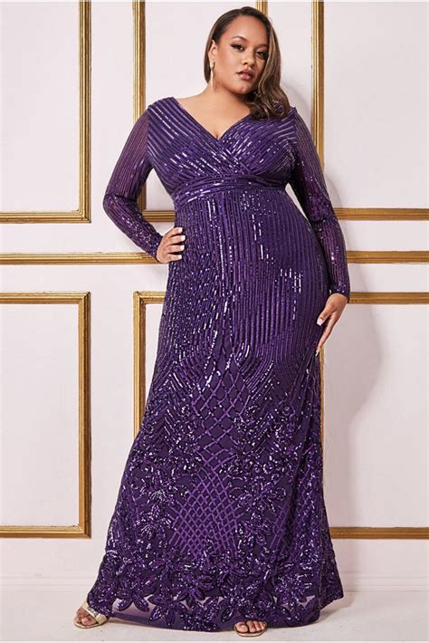 Goddiva Plus Long Sleeve Sequin V Wrap Maxi In Purple Lyst Uk