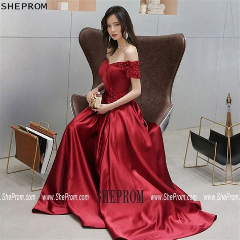 Classy Off Shoulder Burgundy Satin Pleated Evening Dress With Beading