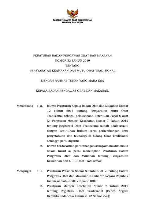 Peraturan BPOM No 32 Tahun 2019 Persyaratan Keamanan Dan Mutu Obat