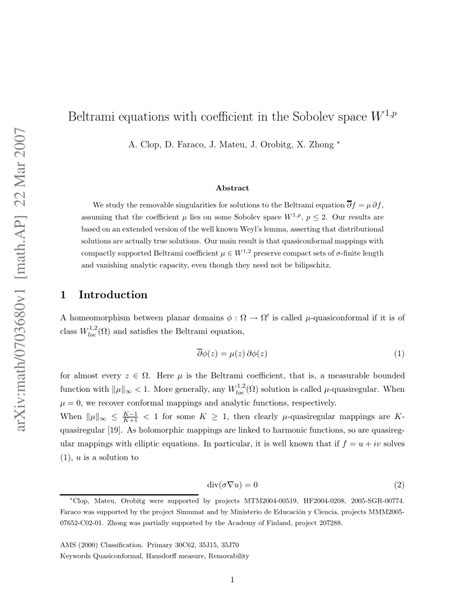 Pdf Beltrami Equations With Coefficient In The Sobolev Space W 1p