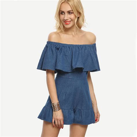 Off Shoulder Playsuit Summer Playsuits Women Rompers Denim Slash Neck Ruffle Sexy Playsuite