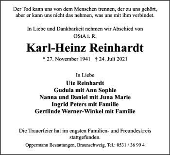 Traueranzeigen Von Karl Heinz Reinhardt Trauer38 De