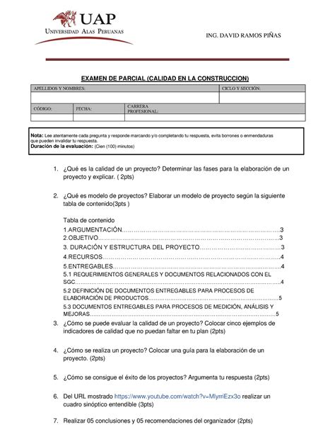 Null dasd ING DAVID RAMOS PIÑAS EXAMEN DE PARCIAL CALIDAD EN LA