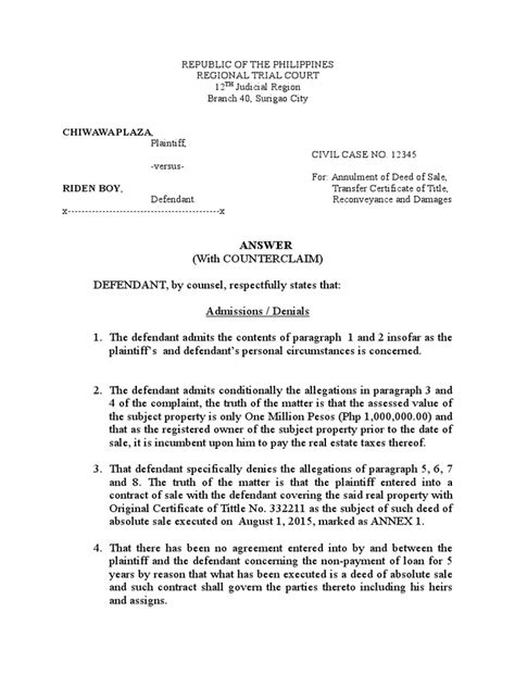 Sample Answer For Annulment Of Deed Of Sale Deed Lawsuit