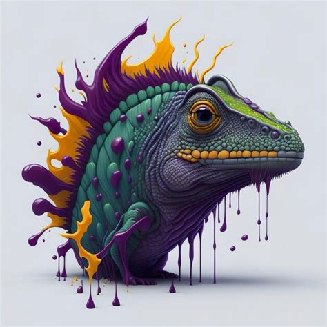 Premium AI Image | A green iguana with purple and yellow paint that ...