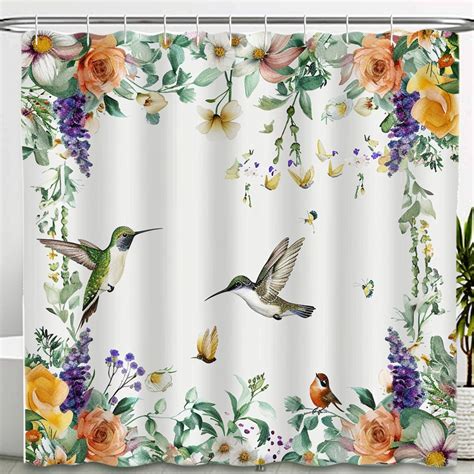 Watercolor Hummingbird And Floral Border Shower Curtain With Detailed