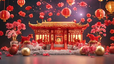 3d Animated Lunar New Year Decoration Cherry Blossoms Flying Chinese House Suitable For Lunar