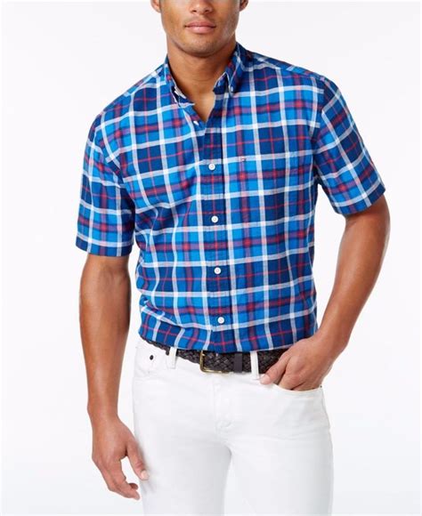 Tommy Hilfiger Mens Makini Plaid Short Sleeve Button Down Shirt Blue