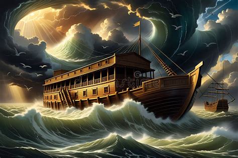 Noah S Ark As A Colossal Vessel Afloat Amidst The Churning Stormy Great