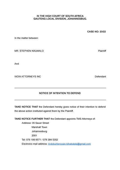 Notice Of Intention To Defend Submission In The High Court Of South