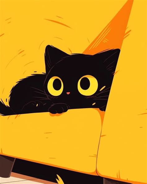 A Black Cat Laying Down On Top Of A Yellow Couch With Its Eyes Wide Open