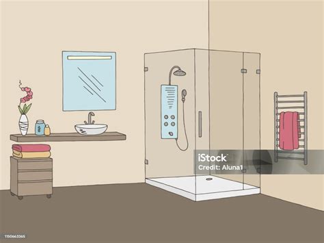 Vektor Ilustrasi Sketsa Warna Interior Grafis Kamar Mandi Ilustrasi