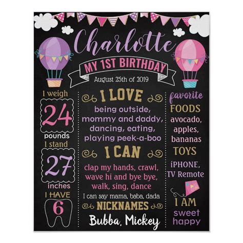 Hot Air Balloon First Birthday Board Poster Zazzle First Birthday Board Birthday Board