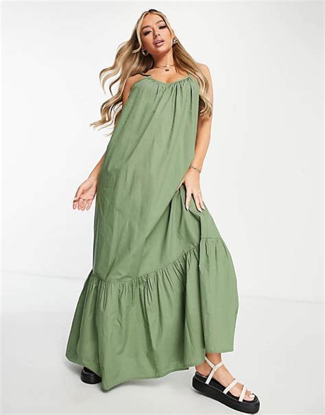 Asos Design Drop Hem Cami Maxi Beach Dress In Khaki Asos