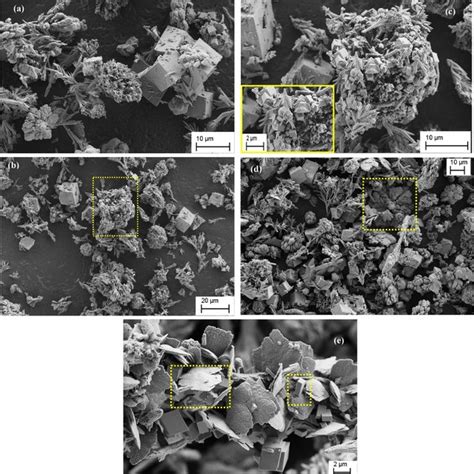 SEM images of CaCO3 particles synthesised at 25 °C. a calcite rhombs ...