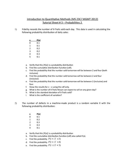 Tutorial Sheet A Probabilities Introduction To Quantitative