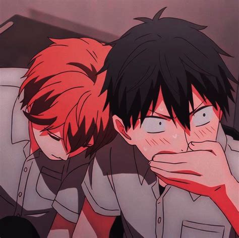 Two Anime Characters With Red Hair And Black Hair One Is Holding His