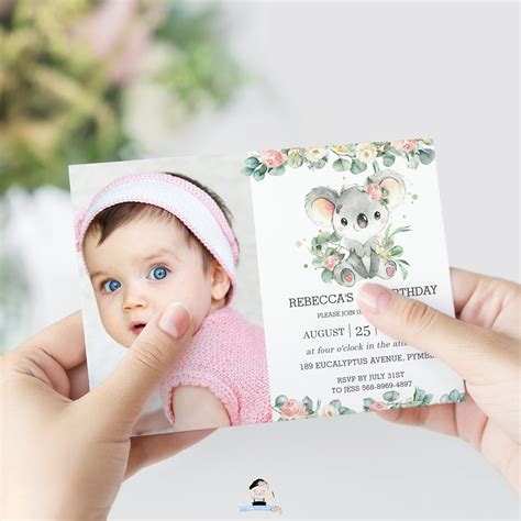 Cute Koala Pink Floral Greenery Birthday Photo Invitation Editable Tem