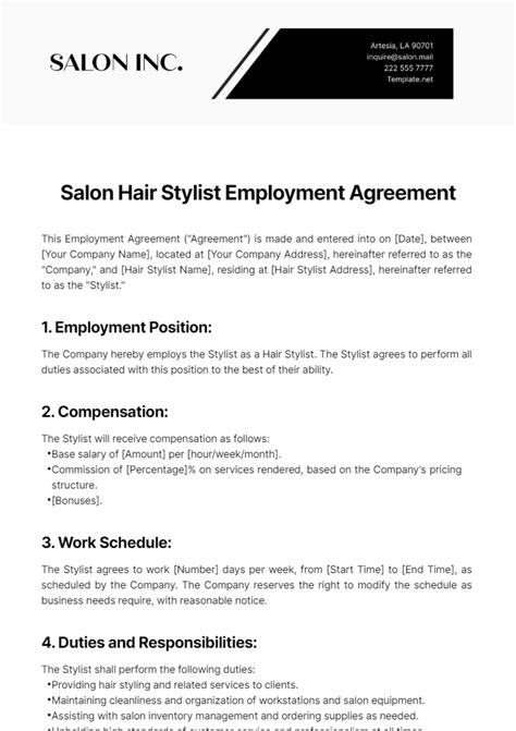 Free Salon Hair Stylist Employment Agreement Template Edit Online And Download