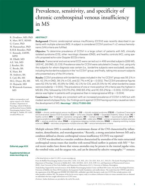 Pdf Prevalence Sensitivity And Specificity Of Chronic Cerebrospinal Venous Insufficiency In Ms