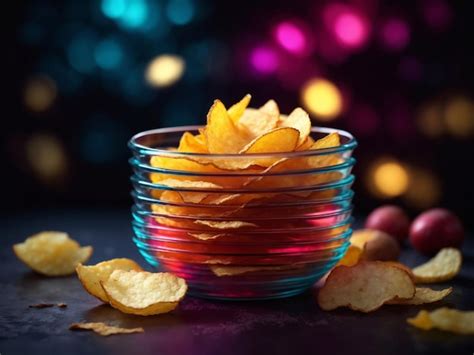 Premium AI Image Crispy Potato Chips In A Bowl Neon Dark In The