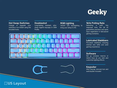 Geeky GK Hot Swappable Mechanical Gaming Keyboard Keys Multi Color RGB LED Backlit